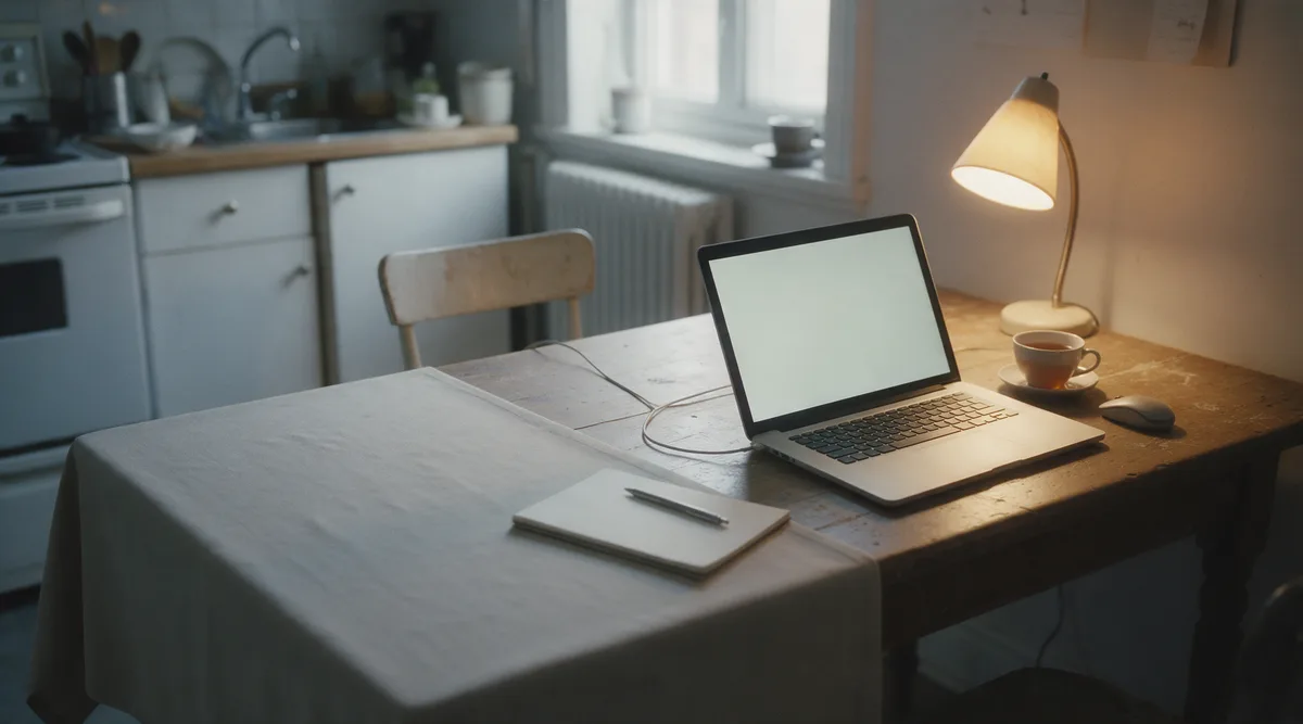 Une table de cuisine le soir : portable ouvert, bloc-notes vierge, stylo, tasse.