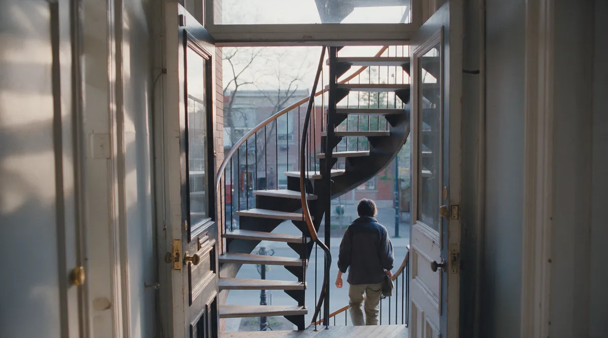 Une porte d’appartement ouverte sur un escalier extérieur montréalais, lumière chaude du soir.